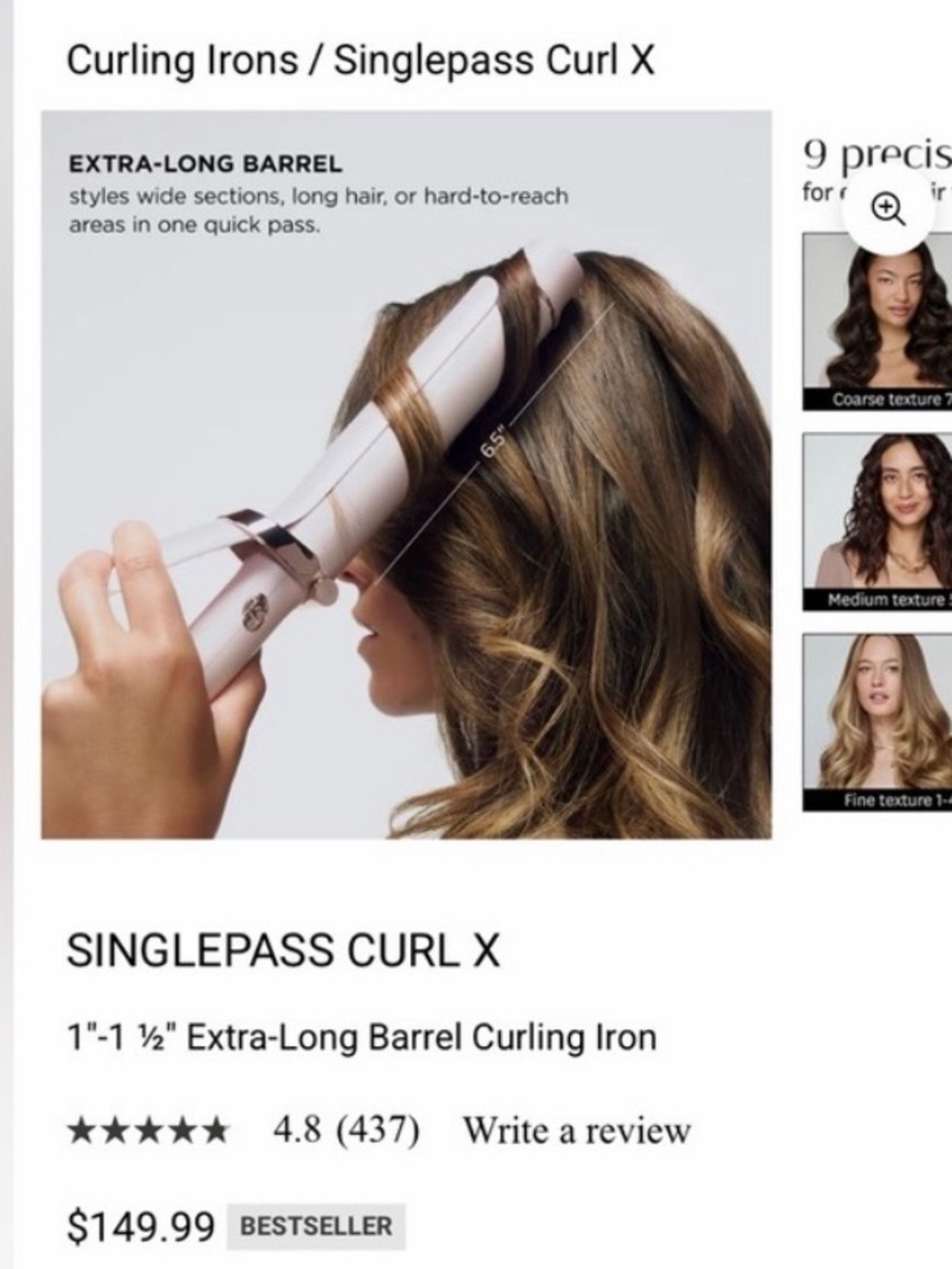 Singlepass Curl X Extra-Long Barrel Curling Iron – White